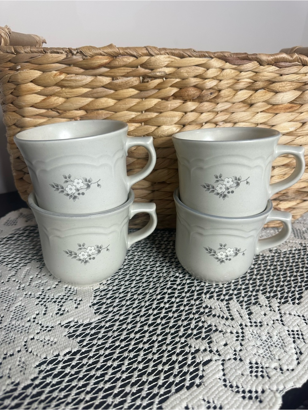 Pfaltzgraff Classic Floral Ceramic Teacups - Light Gray (Set of 4)
